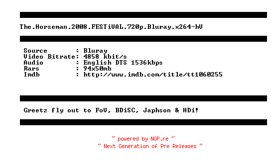 NFO for the release The.Horseman.2008.FESTiVAL.720p.Bluray.x264-hV by hV