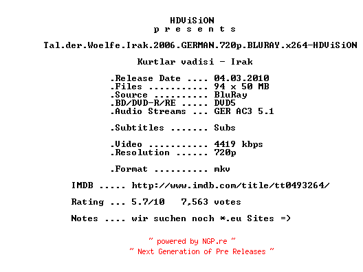 NFO for the release Tal.der.Woelfe.Irak.2006.GERMAN.720p.BLURAY.x264-HDViSiON by HDViSiON