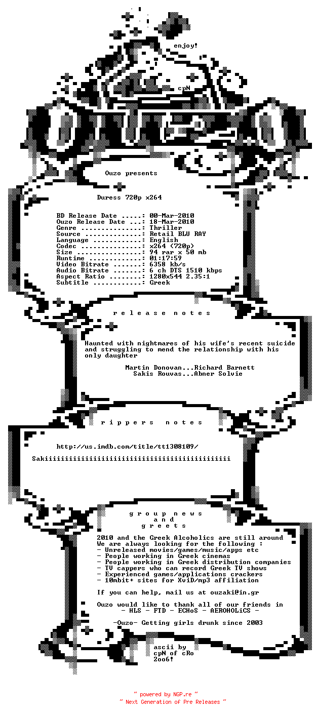 NFO for the release Duress.2009.720p.Bluray.x264-Ouzo by Ouzo