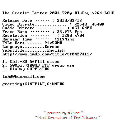 NFO for the release The.Scarlet.Letter.2004.720p.BluRay.x264-LCHD by LCHD