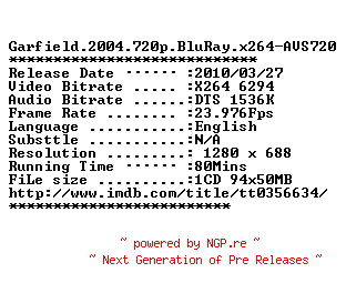 NFO for the release Garfield.2004.720p.BluRay.x264-AVS720 by AVS720
