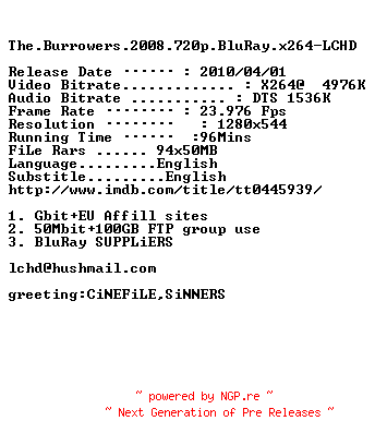 NFO for the release The.Burrowers.2008.720p.BluRay.x264-LCHD by LCHD