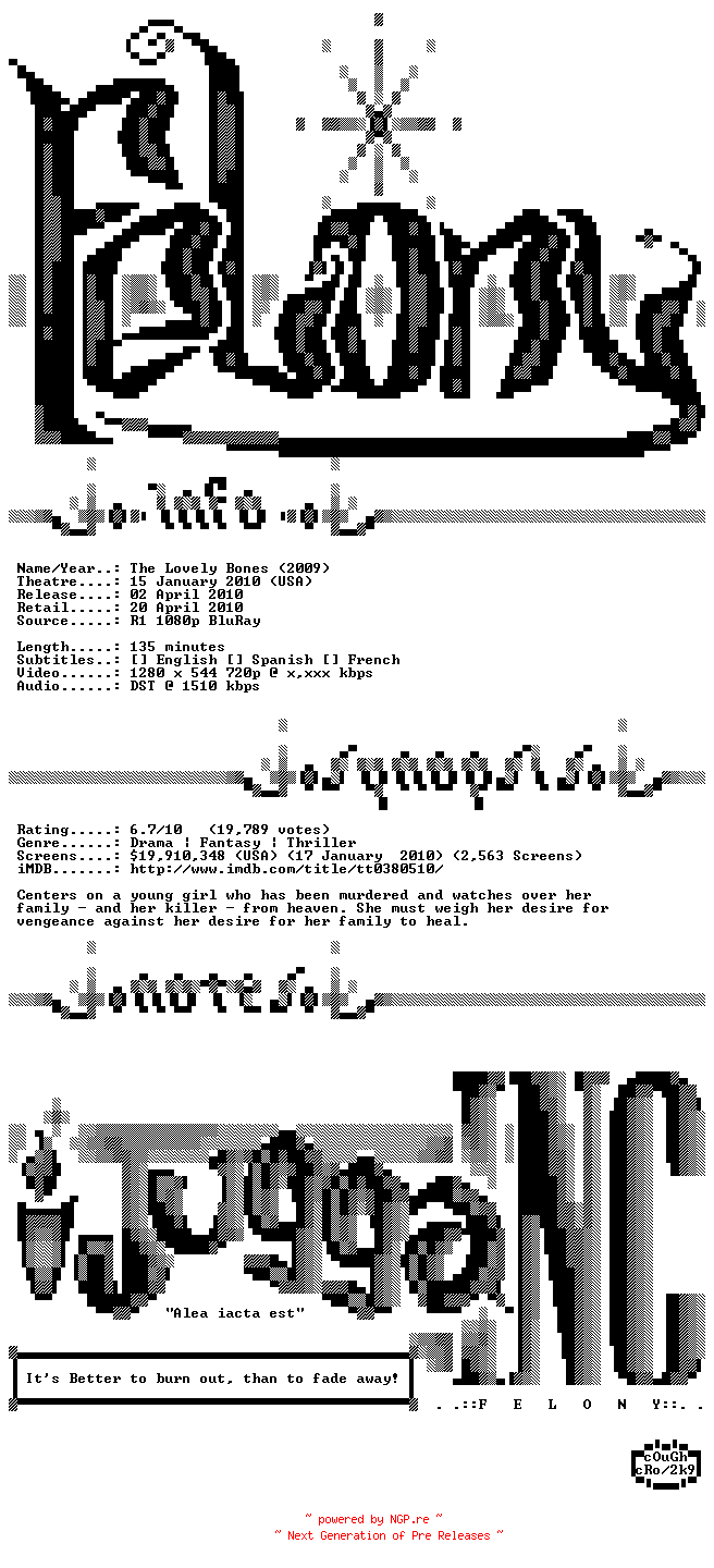 NFO for the release The.Lovely.Bones.2009.720p.BluRay.x264-Felony by Felony