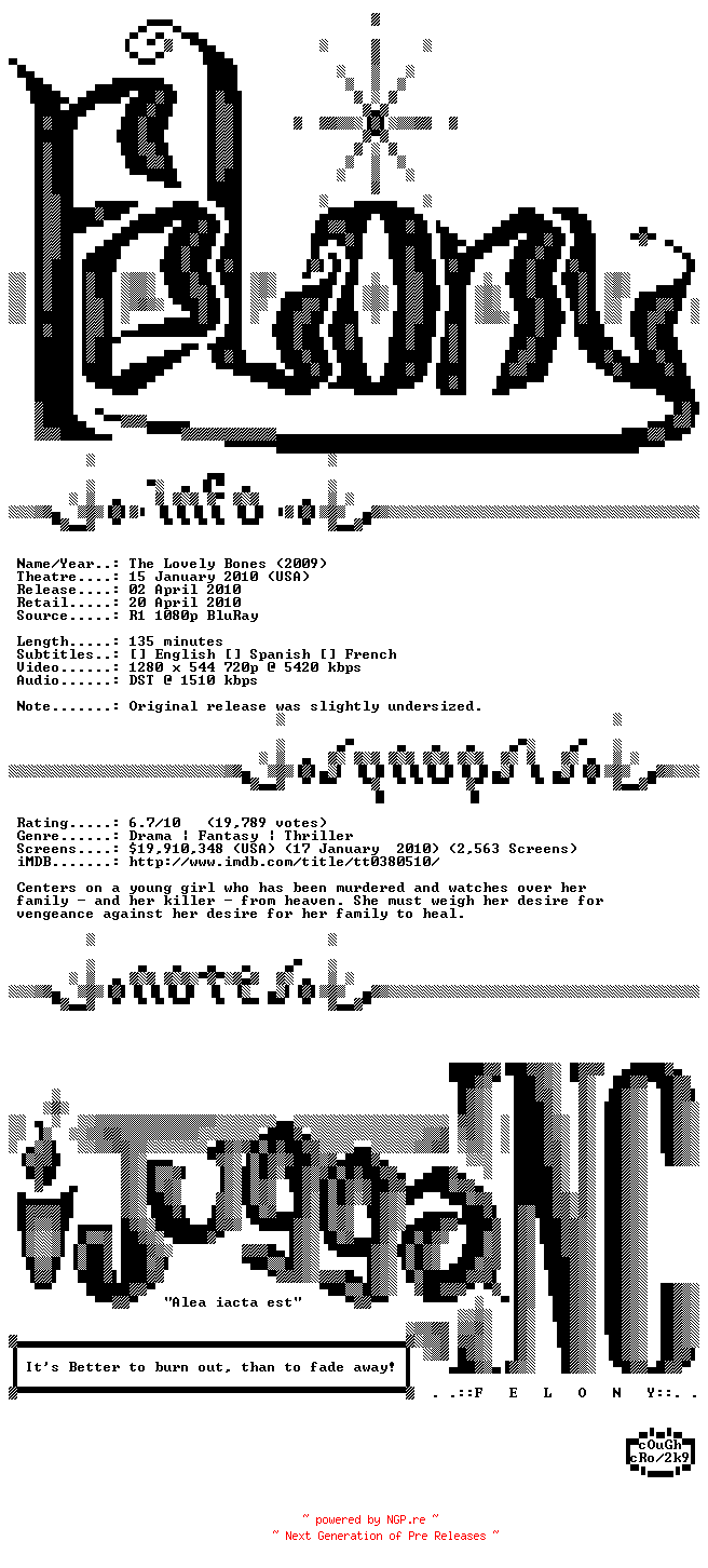 NFO for the release The.Lovely.Bones.2009.REPACK.720p.BluRay.x264-Felony by Felony