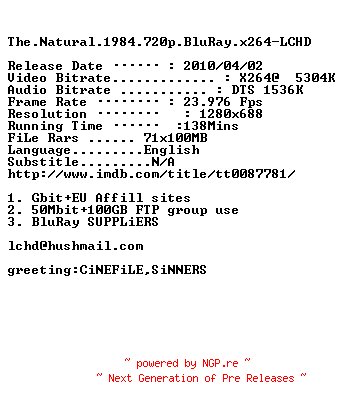 NFO for the release The.Natural.1984.720p.BluRay.x264-LCHD by LCHD