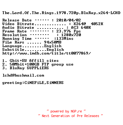NFO for the release The.Lord.Of.The.Rings.1978.720p.BluRay.x264-LCHD by LCHD