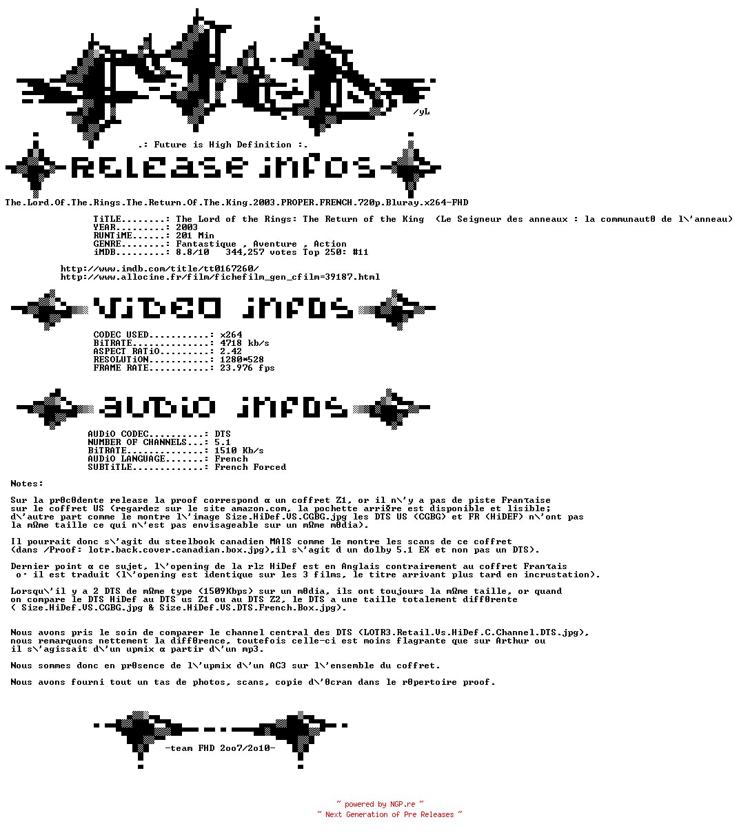 NFO for the release The.Lord.Of.The.Rings.The.Return.Of.The.King.2003.PROPER.FRENCH.720p.BluRay.x264-FHD by FHD