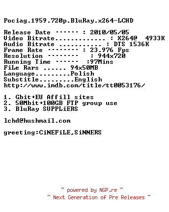 NFO for the release Pociag.1959.720p.BluRay.x264-LCHD by LCHD