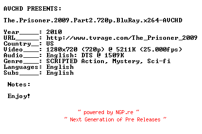 NFO for the release The.Prisoner.2009.Part2.720p.BluRay.x264-AVCHD by AVCHD