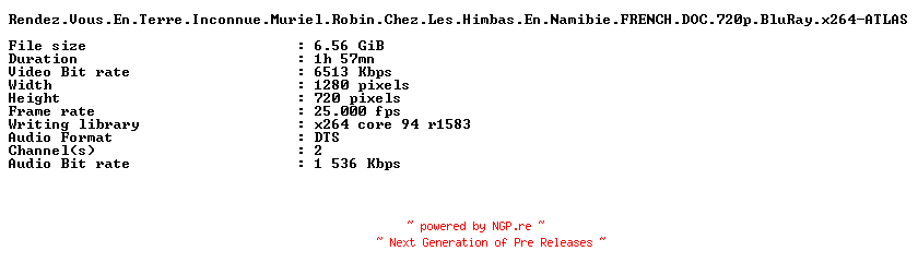 NFO for the release Rendez.Vous.En.Terre.Inconnue.Muriel.Robin.Chez.Les.Himbas.En.Namibie.FRENCH.DOC.720p.BluRay.x264-ATLAS by ATLAS