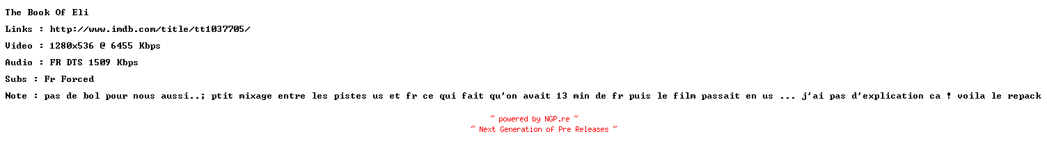 NFO for the release The.Book.Of.Eli.REPACK.FRENCH.720p.BluRay.x264-HiDeF by HiDeF