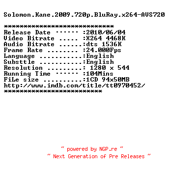 NFO for the release Solomon.Kane.2009.720p.BluRay.x264-AVS720 by AVS720