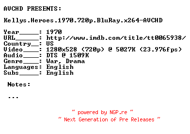 NFO for the release Kellys.Heroes.1970.720p.BluRay.x264-AVCHD by AVCHD