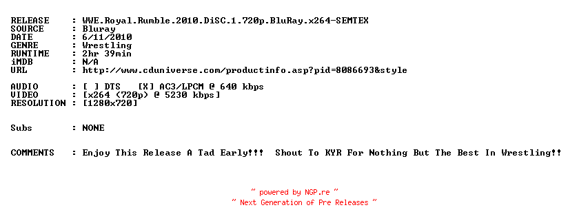 NFO for the release WWE.Royal.Rumble.2010.DiSC.1.720p.BluRay.x264-SEMTEX by SEMTEX