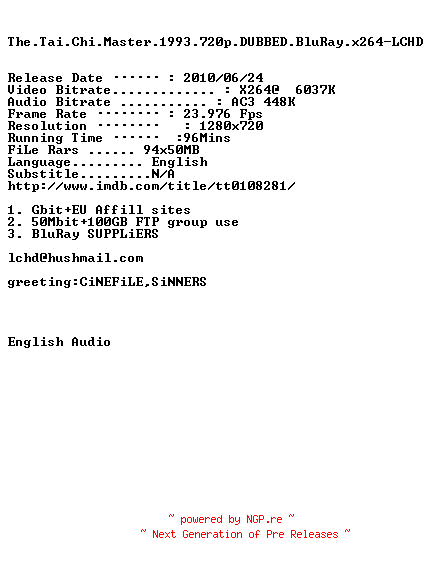 NFO for the release The.Tai.Chi.Master.1993.720p.DUBBED.BluRay.x264-LCHD by LCHD