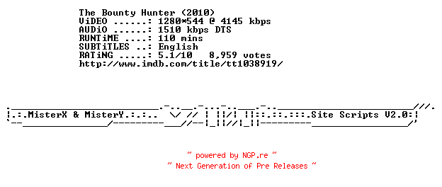 NFO for the release The.Bounty.Hunter.2010.720p.BluRay.x264-METiS by METiS