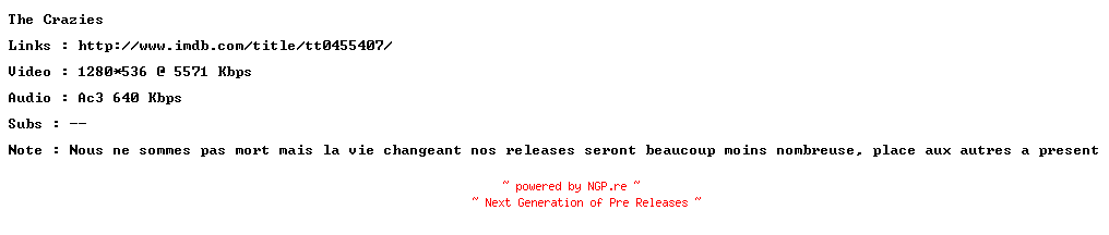 NFO for the release The.Crazies.FRENCH.720p.BluRay.x264-HiDeF by HiDeF