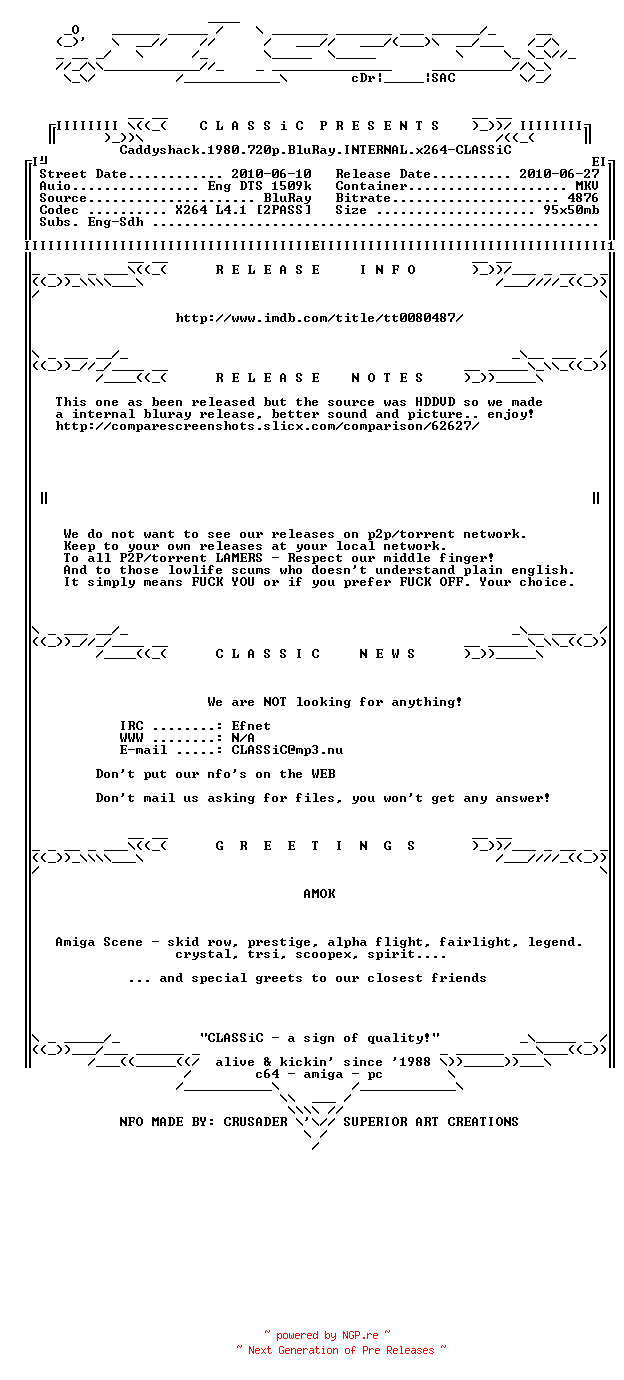 NFO for the release Caddyshack.1980.720p.BluRay.INTERNAL.x264-CLASSiC by CLASSiC