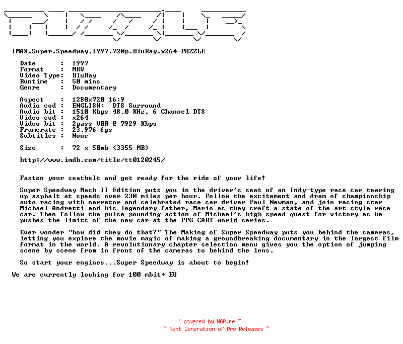 NFO for the release IMAX.Super.Speedway.1997.720p.BluRay.x264-PUZZLE by PUZZLE