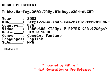 NFO for the release Bubba.Ho-Tep.2002.720p.BluRay.x264-AVCHD by AVCHD