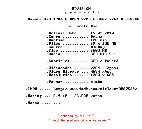 NFO for the release Karate.Kid.1984.GERMAN.720p.BLURAY.x264-HDViSiON by HDViSiON