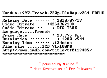 NFO for the release Kundun.1997.French.720p.BluRay.x264-FREHD by FREHD