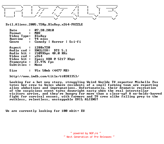 NFO for the release Evil.Aliens.2005.720p.BluRay.x264-PUZZLE by PUZZLE