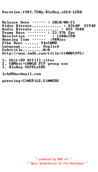 NFO for the release Vacation.1983.720p.BluRay.x264-LCHD by LCHD