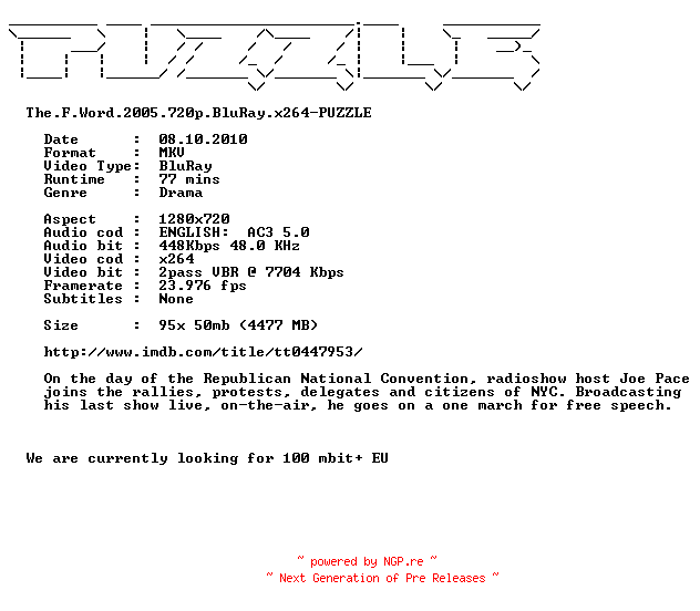 NFO for the release The.F.Word.2005.720p.BluRay.x264-PUZZLE by PUZZLE