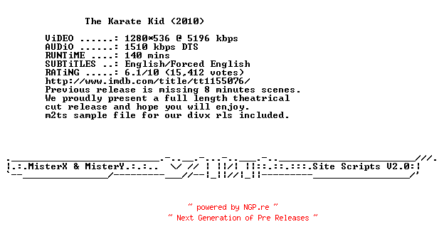 NFO for the release The.Karate.Kid.2010.PROPER.720p.BluRay.x264-METiS by METiS