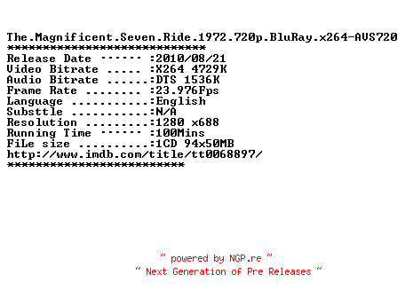 NFO for the release The.Magnificent.Seven.Ride.1972.720p.BluRay.x264-AVS720 by AVS720