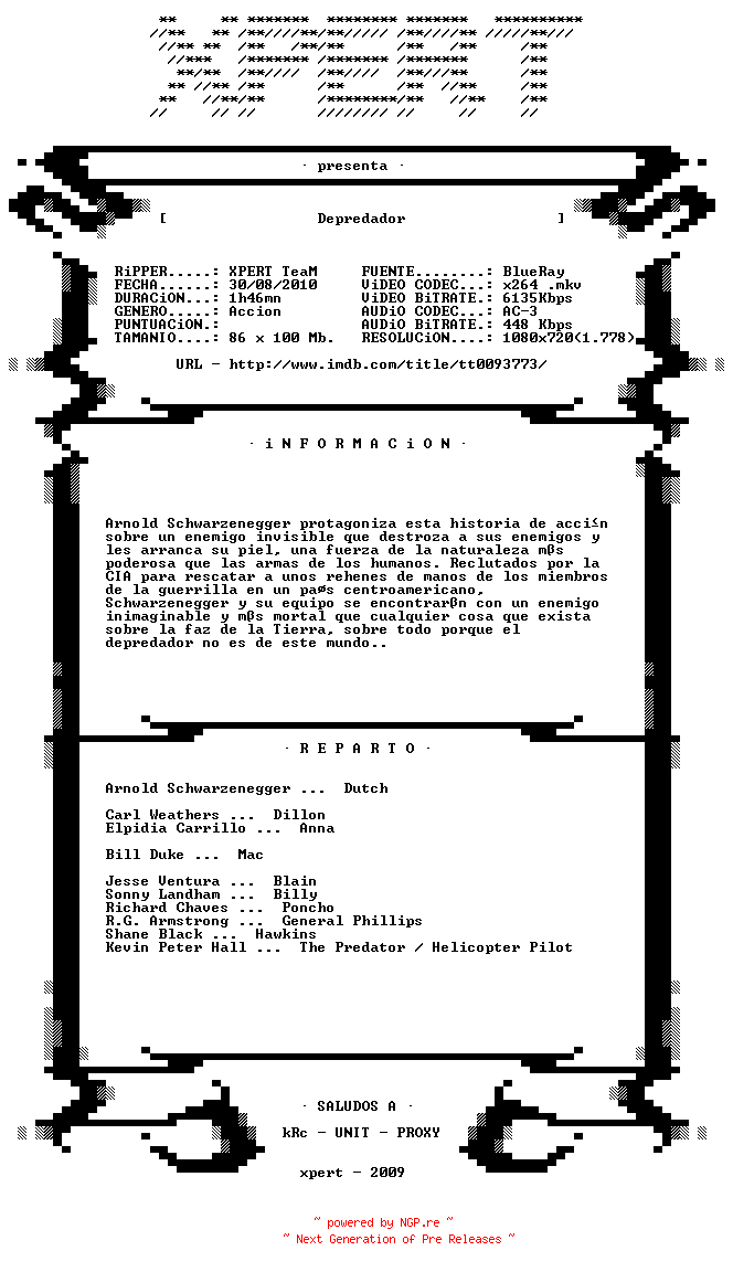 NFO for the release Depredador.1987.SPANiSH.720p.BluRay.x264-XPERT_HD by XPERT_HD