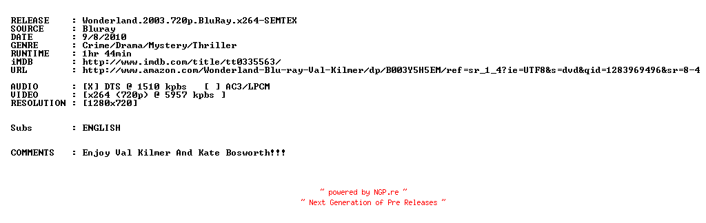 NFO for the release Wonderland.2003.720p.BluRay.x264-SEMTEX by SEMTEX