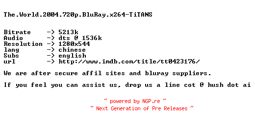 NFO for the release The.World.2004.720p.BluRay.x264-TiTANS by TiTANS