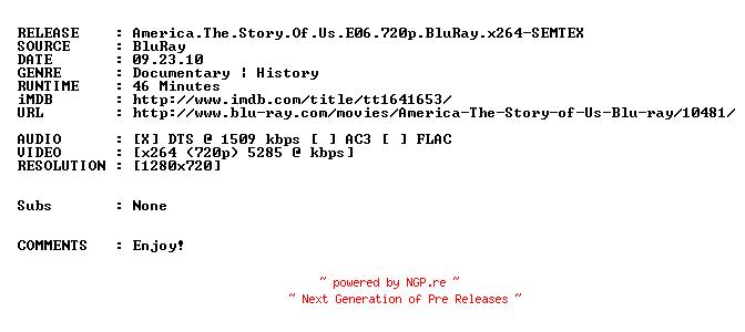 NFO for the release America.The.Story.Of.Us.E06.720p.BluRay.x264-SEMTEX by SEMTEX