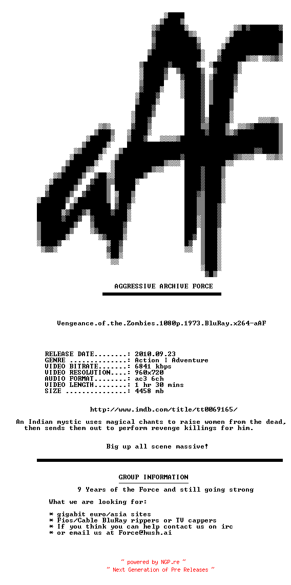 NFO for the release Vengeance.of.the.Zombies.1973.720p.BluRay.x264-aAF by aAF