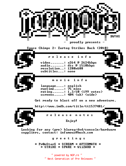 NFO for the release Space.Chimps.2.720p.BluRay.x264-iNFAMOUS by iNFAMOUS