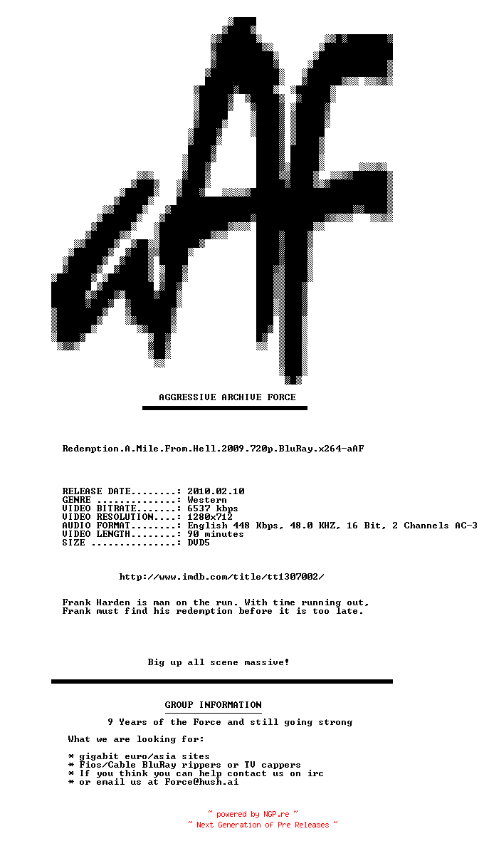 NFO for the release Redemption.A.Mile.From.Hell.2009.720p.BluRay.x264-aAF by aAF