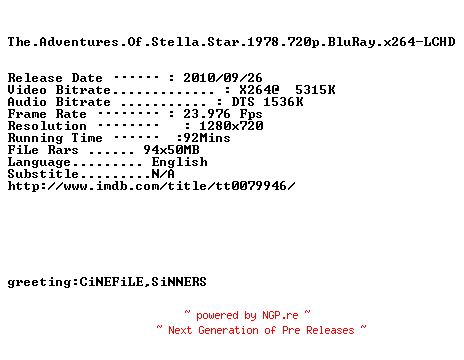 NFO for the release The.Adventures.Of.Stella.Star.1978.720p.BluRay.x264-LCHD by LCHD