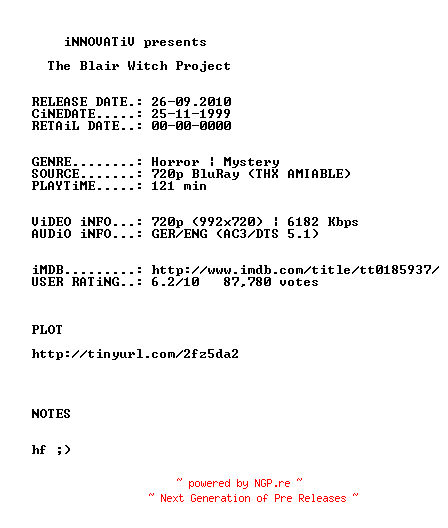 NFO for the release The.Blair.Witch.Project.1999.German.AC3D.DL.720p.BluRay.x264-iNNOVATiV by iNNOVATiV