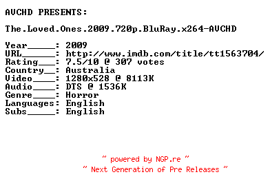 NFO for the release The.Loved.Ones.2009.720p.BluRay.x264-AVCHD by AVCHD