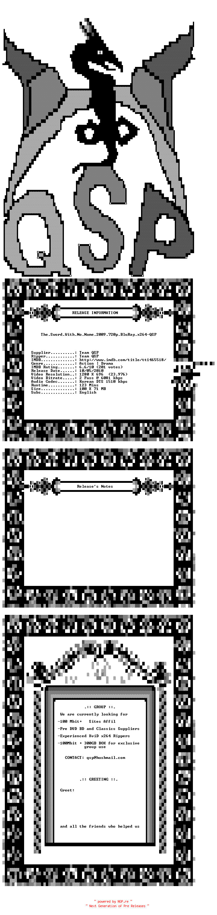NFO for the release The.Sword.With.No.Name.2009.720p.BluRay.x264-QSP by QSP