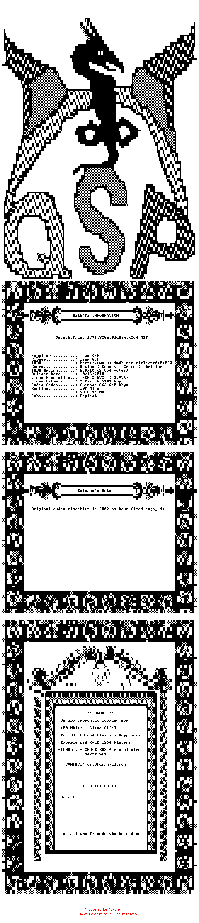 NFO for the release Once.A.Thief.1991.720p.BluRay.x264-QSP by QSP