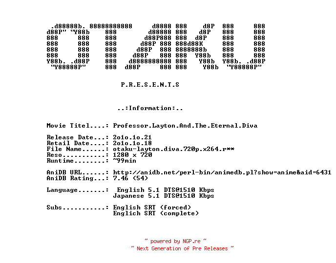 NFO for the release Professor.Layton.And.The.Eternal.Diva.2009.720p.Bluray.x264-OTAKU by OTAKU