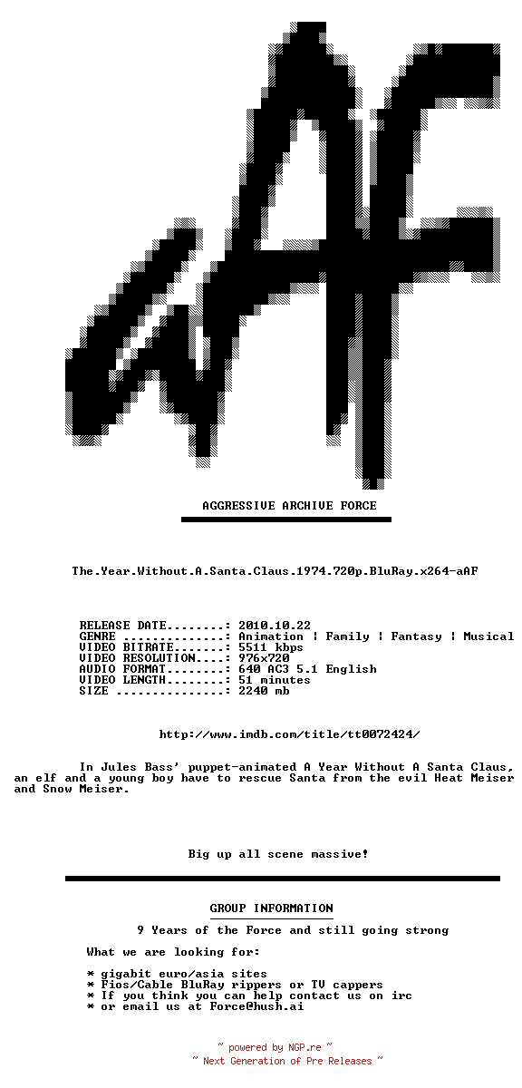 NFO for the release The.Year.Without.A.Santa.Claus.1974.720p.BluRay.x264-aAF by aAF