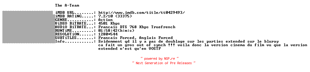 NFO for the release The.A-Team.2010.REPACK.FRENCH.720p.BluRay.x264-THENiGHTMAREiNHD by THENiGHTMAREiNHD