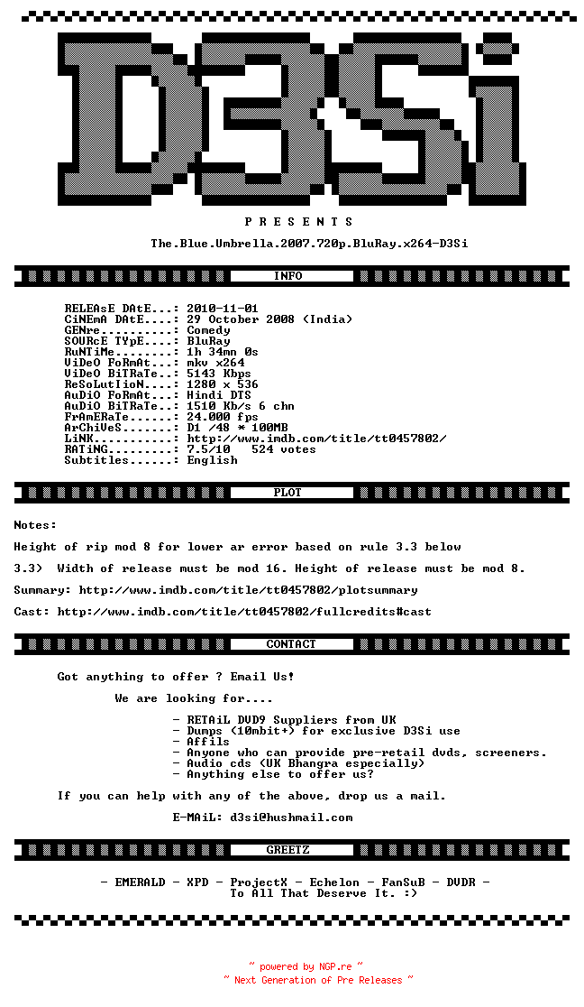 NFO for the release The.Blue.Umbrella.2007.720p.BluRay.x264-D3Si by D3Si
