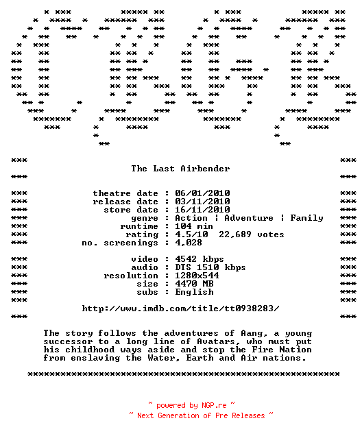 NFO for the release The.Last.Airbender.720p.Bluray.x264-CBGB by CBGB