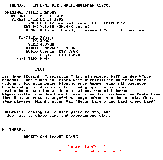 NFO for the release Tremors.Im.Land.der.Raketenwuermer.1990.German.DL.720p.BluRay.x264-DECENT by DECENT