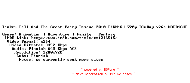 NFO for the release Tinker.Bell.And.The.Great.Fairy.Rescue.2010.FiNNiSH.720p.BluRay.x264-NORDiCHD by NORDiCHD